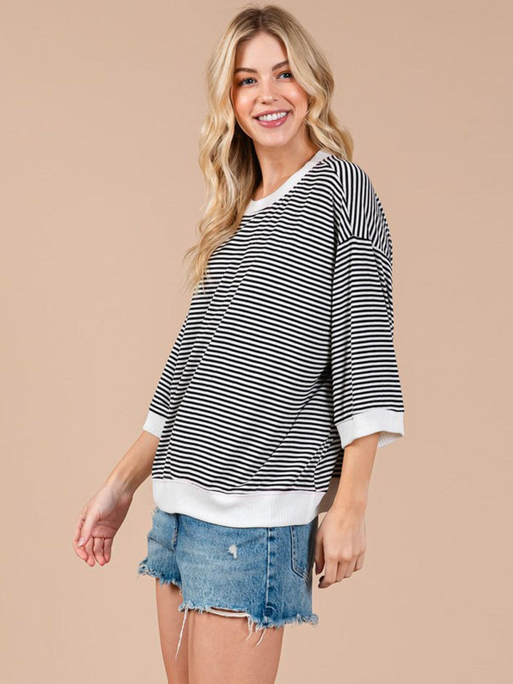 WOMEN'S 3/4 SLEEVE COLORBLOCK STRIPES TUNIC TOP