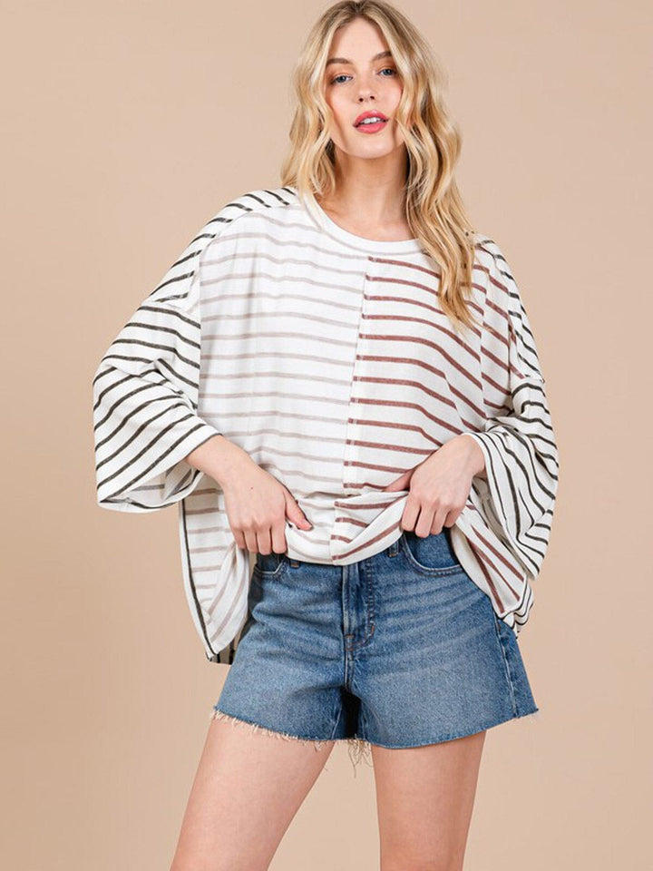 WOMEN'S LONG SLEEVE COLORBLOCK STRIPES OVERSIZED TOP