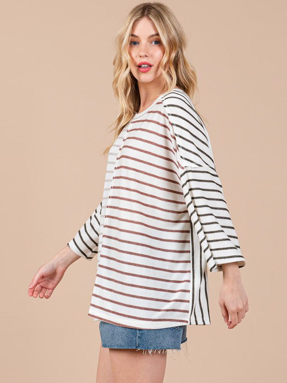 WOMEN'S LONG SLEEVE COLORBLOCK STRIPES OVERSIZED TOP