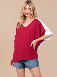 WOMEN'S SHORT SLEEVE V-NECK COLORBLOCK TUNIC HIGH-LOW TOP