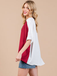 WOMEN'S SHORT SLEEVE V-NECK COLORBLOCK TUNIC HIGH-LOW TOP