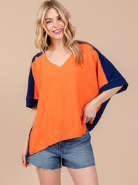 WOMEN'S SHORT SLEEVE V-NECK COLORBLOCK TUNIC HIGH-LOW TOP