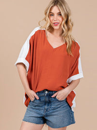 WOMEN'S SHORT SLEEVE V-NECK COLORBLOCK TUNIC HIGH-LOW TOP