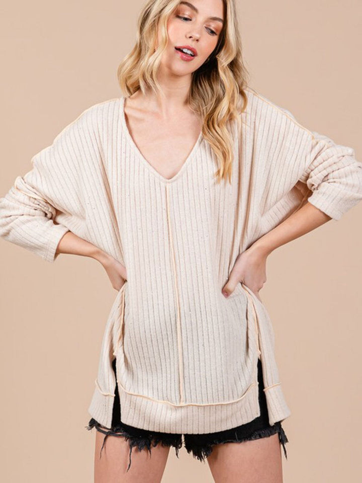 WOMEN'S LONG SLEEVE V-NECK FRONT SLIT OVERSIZED SHIMMER TOP