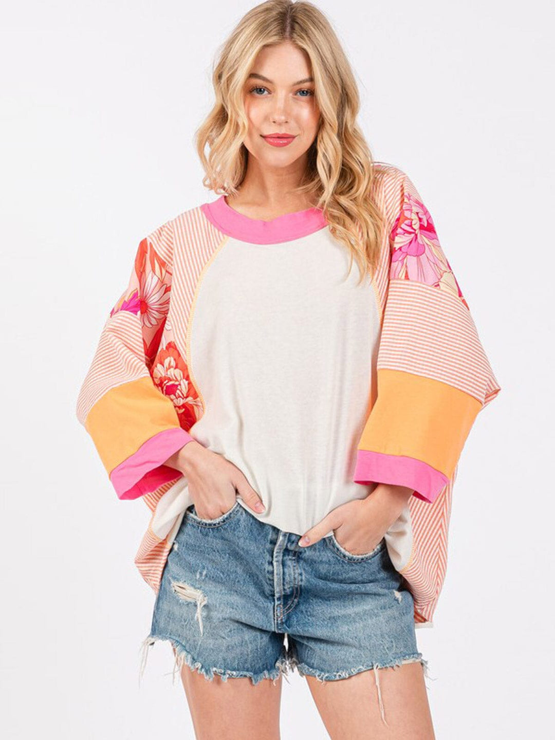 WOMEN'S LONG SLEEVE FLORAL PRINT TUNIC COLORBLOCK BLOUSE
