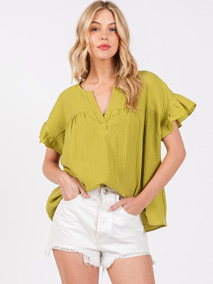 WOMEN'S SHORT RUFFLE SLEEVE V-NECK TUNIC BLOUSE