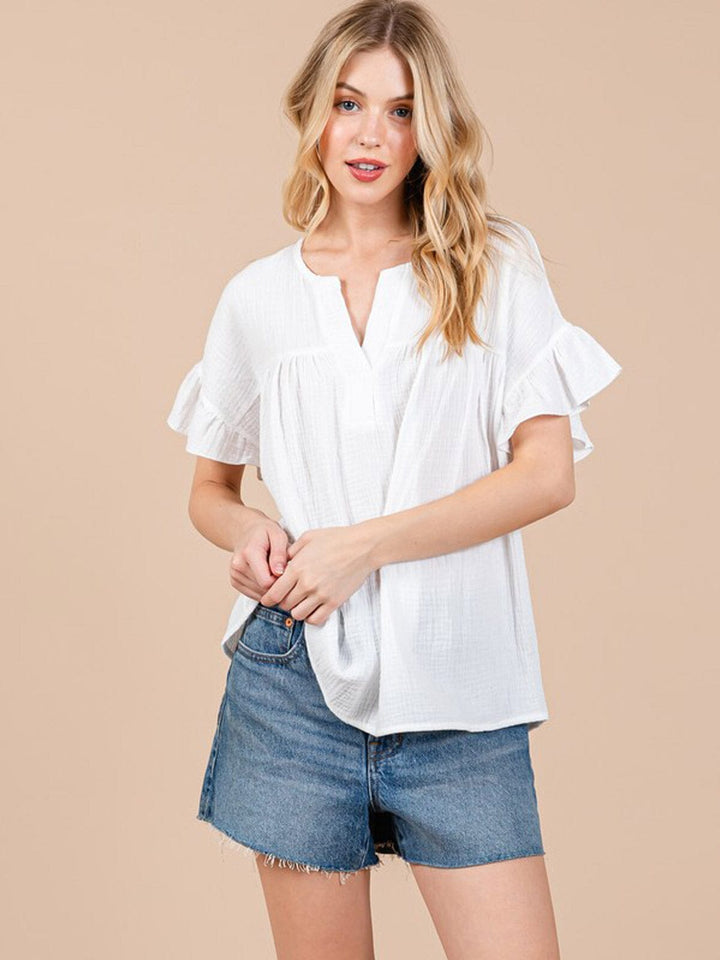 WOMEN'S SHORT RUFFLE SLEEVE V-NECK TUNIC BLOUSE