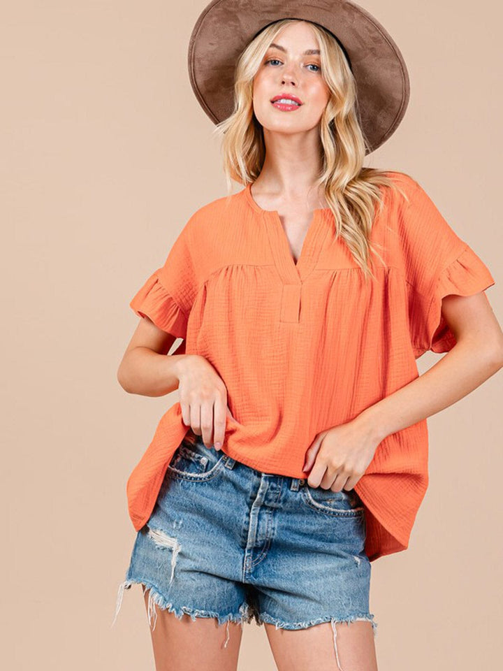 WOMEN'S SHORT RUFFLE SLEEVE V-NECK TUNIC BLOUSE