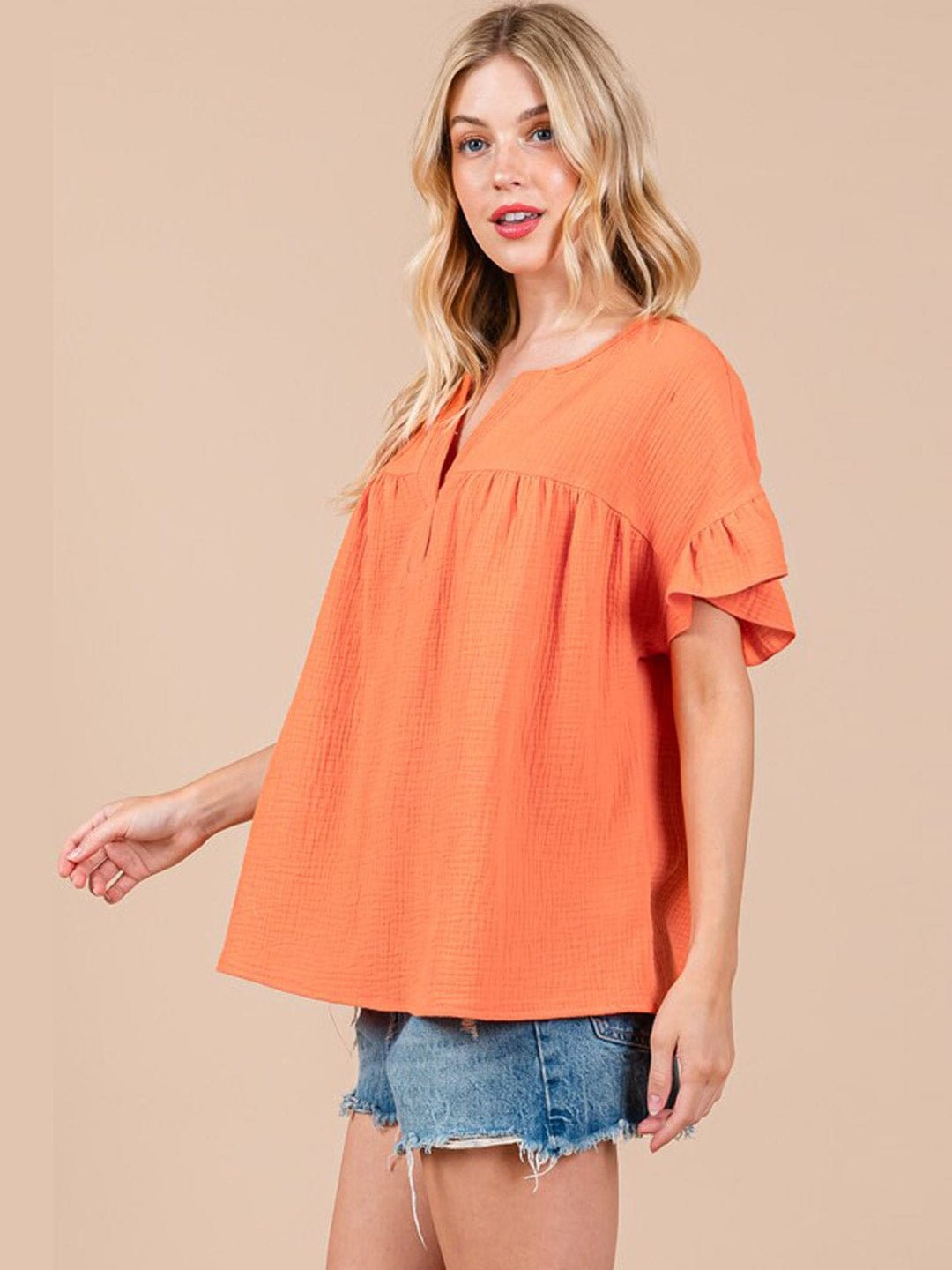 WOMEN'S SHORT RUFFLE SLEEVE V-NECK TUNIC BLOUSE