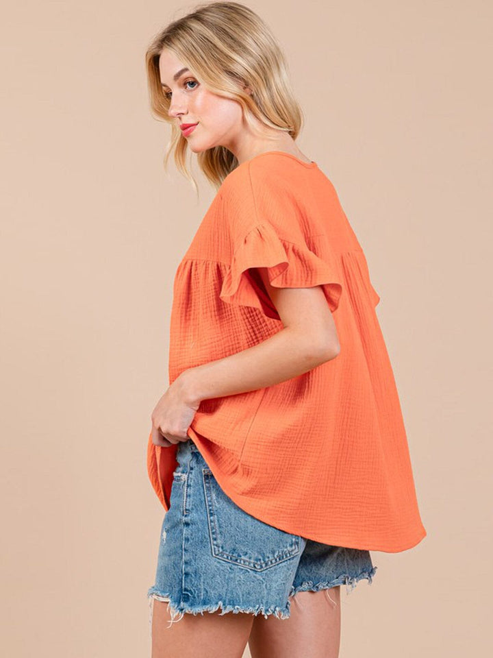 WOMEN'S SHORT RUFFLE SLEEVE V-NECK TUNIC BLOUSE