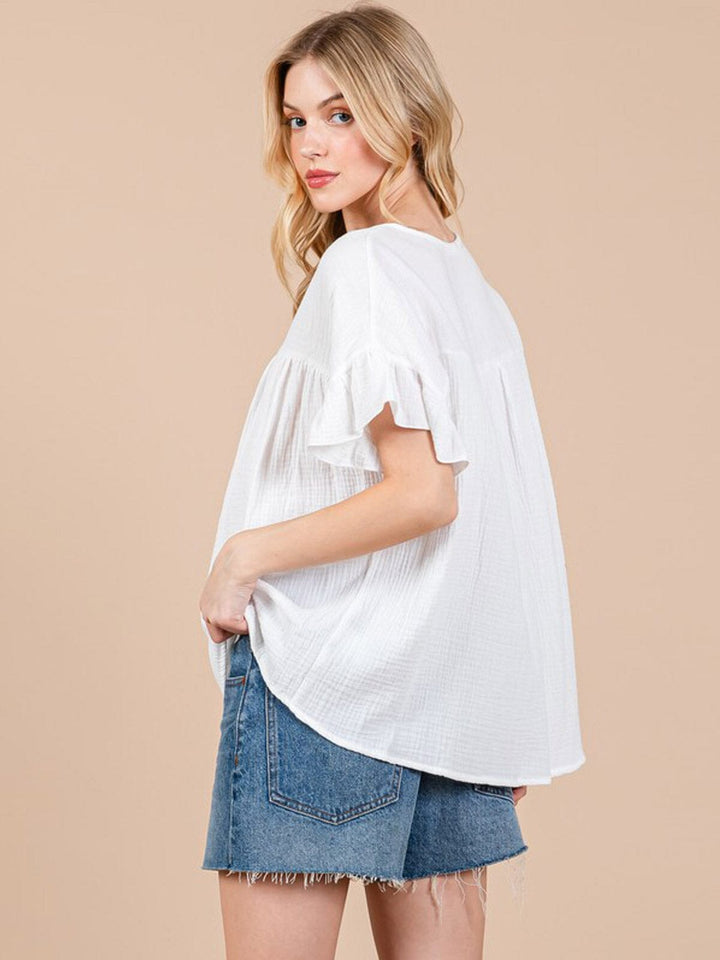 WOMEN'S SHORT RUFFLE SLEEVE V-NECK TUNIC BLOUSE