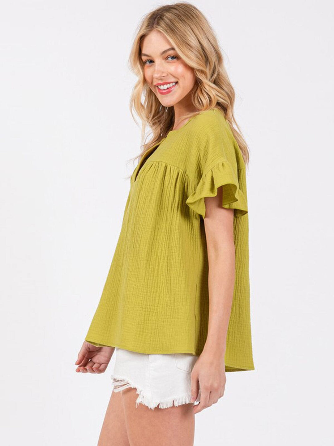 WOMEN'S SHORT RUFFLE SLEEVE V-NECK TUNIC BLOUSE