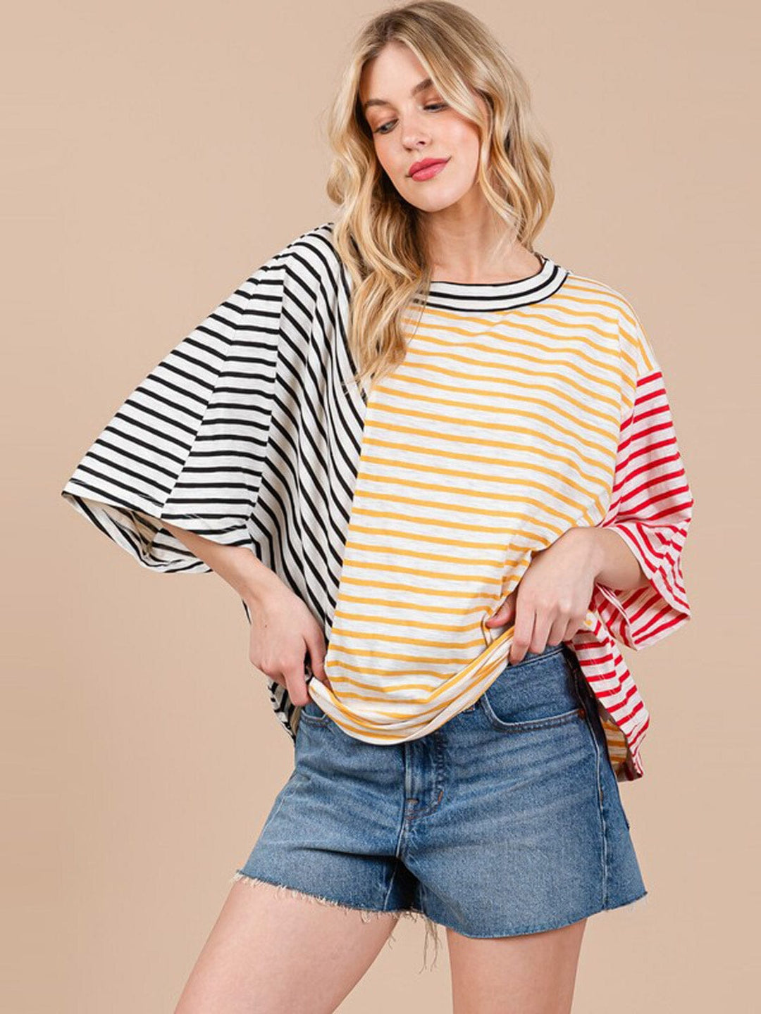 WOMEN'S SHORT SLEEVE COLORBLOCK STRIPES TUNIC BASIC TOP