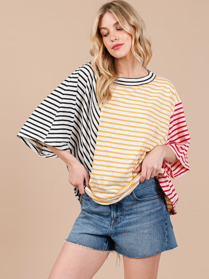 WOMEN'S SHORT SLEEVE COLORBLOCK STRIPES TUNIC BASIC TOP