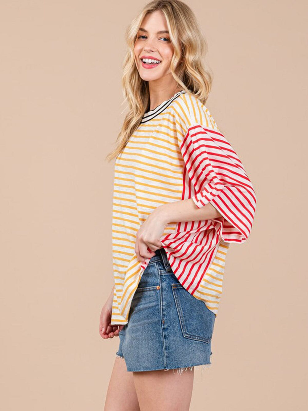 WOMEN'S SHORT SLEEVE COLORBLOCK STRIPES TUNIC BASIC TOP