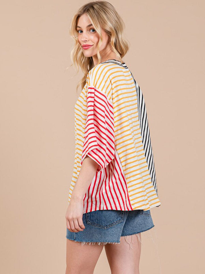 WOMEN'S SHORT SLEEVE COLORBLOCK STRIPES TUNIC BASIC TOP