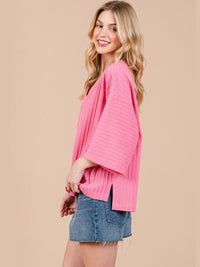 WOMEN'S 3/4 SLEEVE V-NECK RIBBED BLOUSE