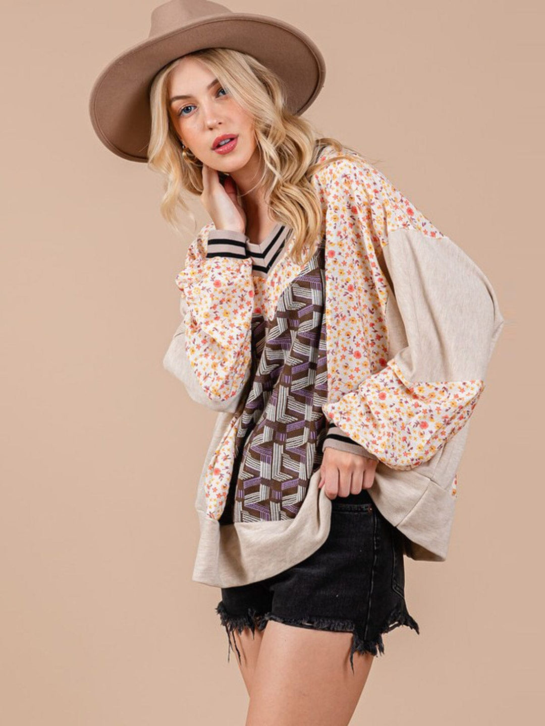 WOMEN'S LONG SLEEVE V-NECK MULTI PRINT BLOUSE