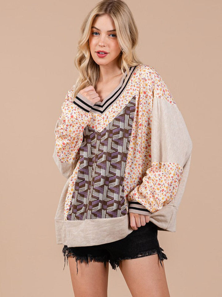 WOMEN'S LONG SLEEVE V-NECK MULTI PRINT BLOUSE