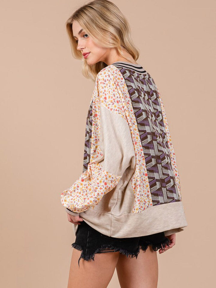 WOMEN'S LONG SLEEVE V-NECK MULTI PRINT BLOUSE