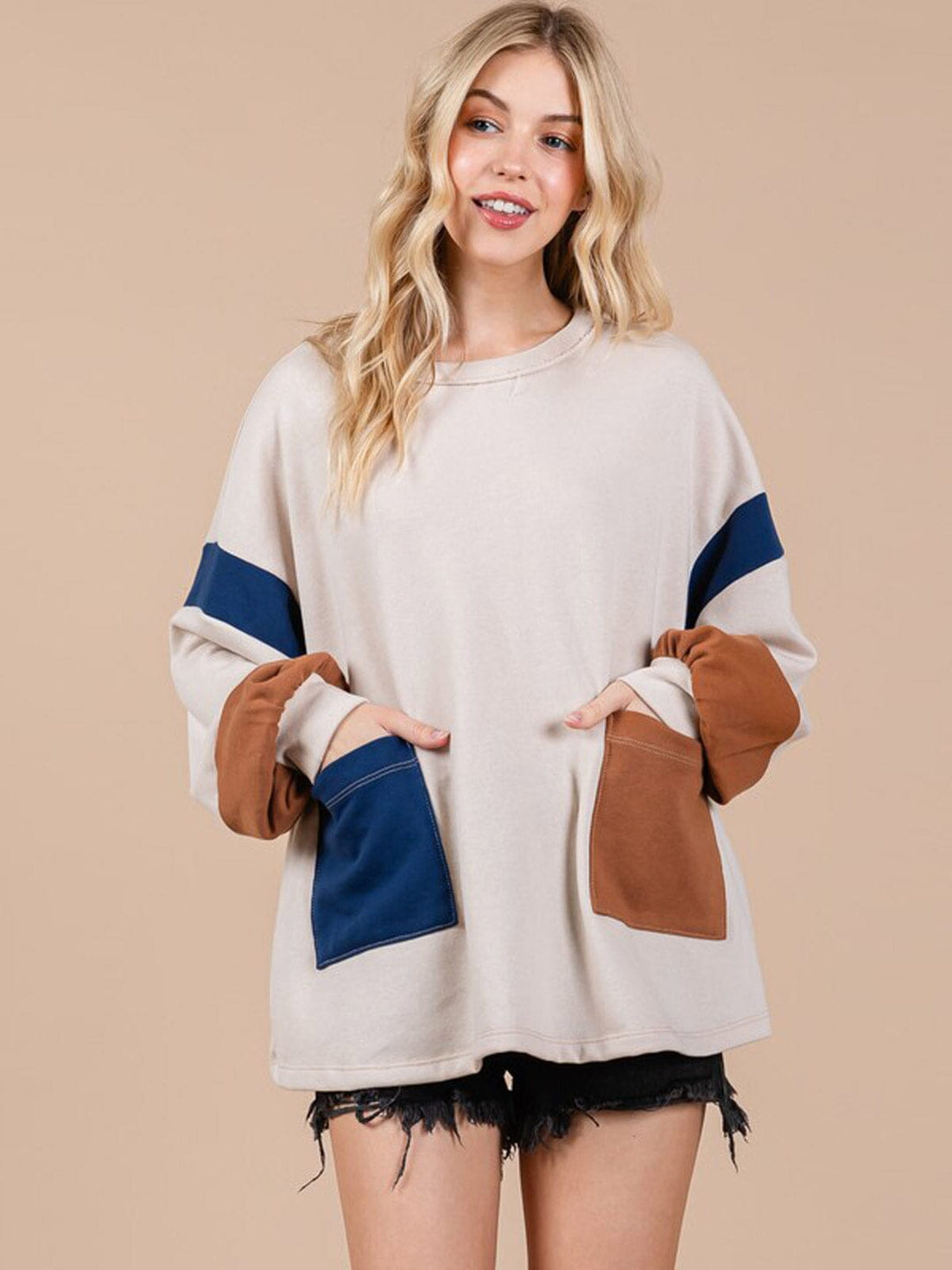 WOMEN'S LONG SLEEVE FRONT POCKETS COLORBLOCK OVERSIZED PULLOVER SWEATER
