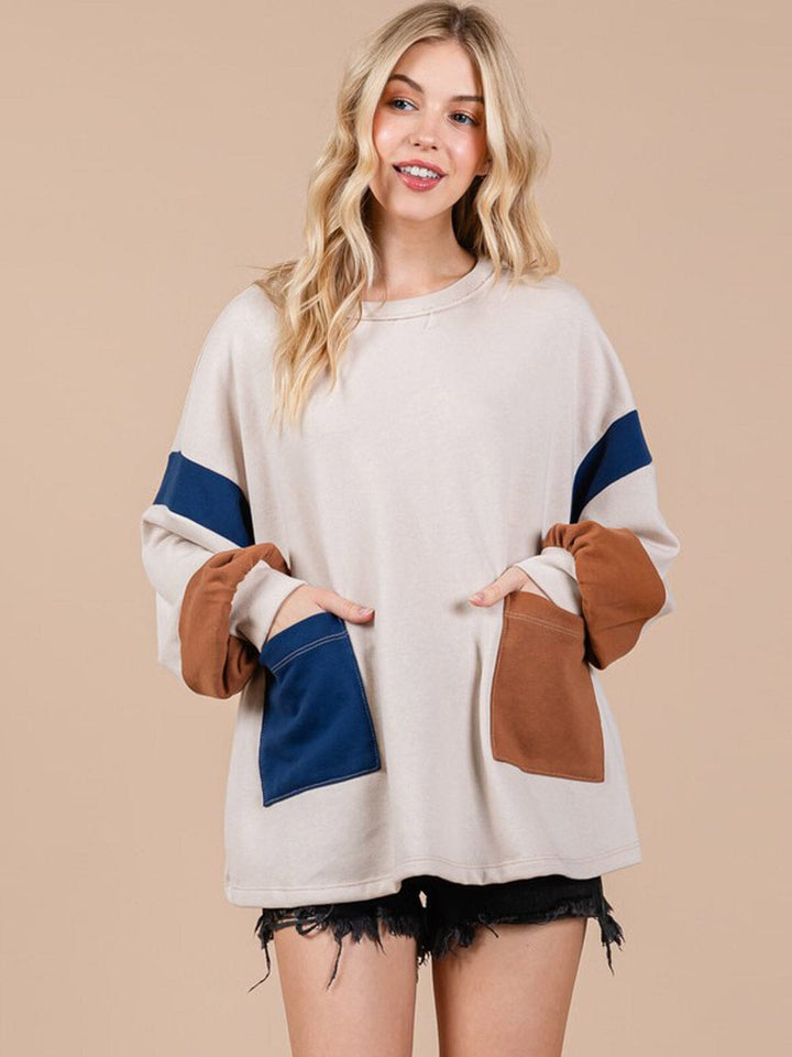 WOMEN'S LONG SLEEVE FRONT POCKETS COLORBLOCK OVERSIZED PULLOVER SWEATER