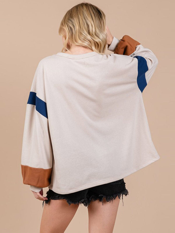 WOMEN'S LONG SLEEVE FRONT POCKETS COLORBLOCK OVERSIZED PULLOVER SWEATER