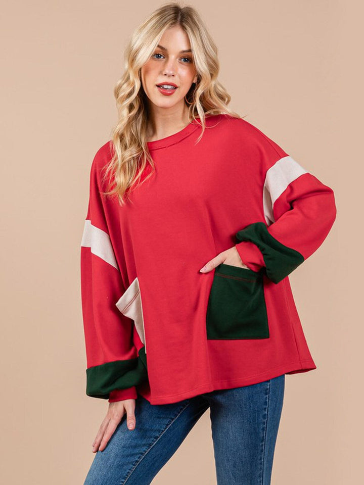 WOMEN'S LONG SLEEVE FRONT POCKETS COLORBLOCK OVERSIZED PULLOVER SWEATER