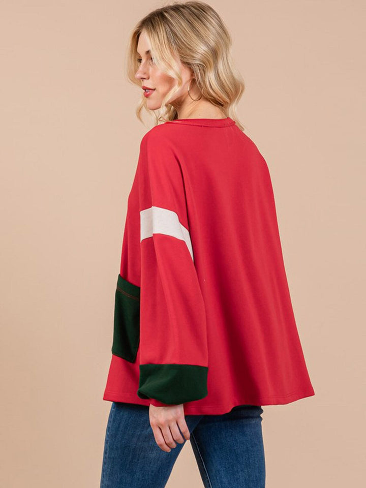 WOMEN'S LONG SLEEVE FRONT POCKETS COLORBLOCK OVERSIZED PULLOVER SWEATER