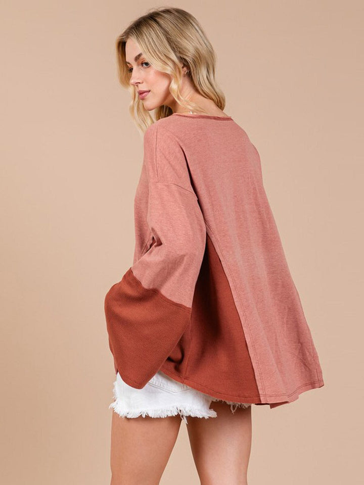 WOMEN'S LONG SLEEVE V-NECK COLORBLOCK TUNIC TOP