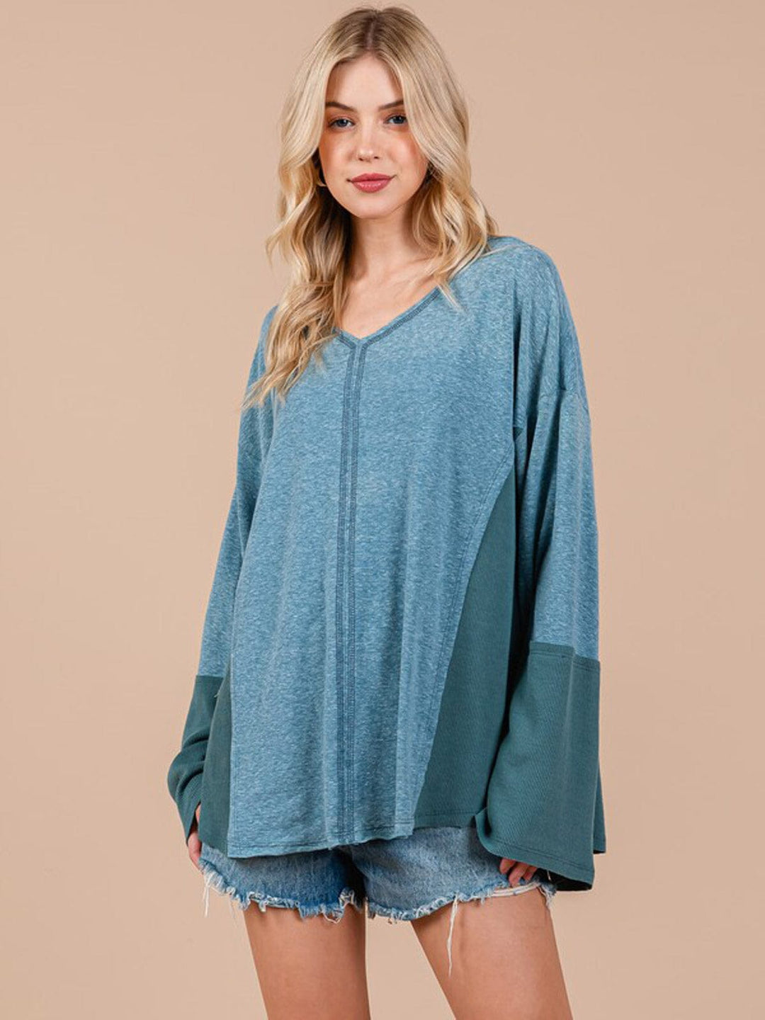 WOMEN'S LONG SLEEVE V-NECK COLORBLOCK TUNIC TOP