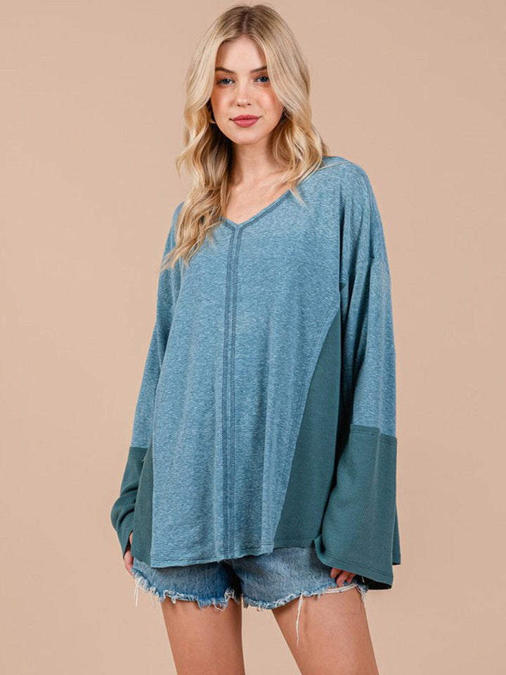 WOMEN'S LONG SLEEVE V-NECK COLORBLOCK TUNIC TOP