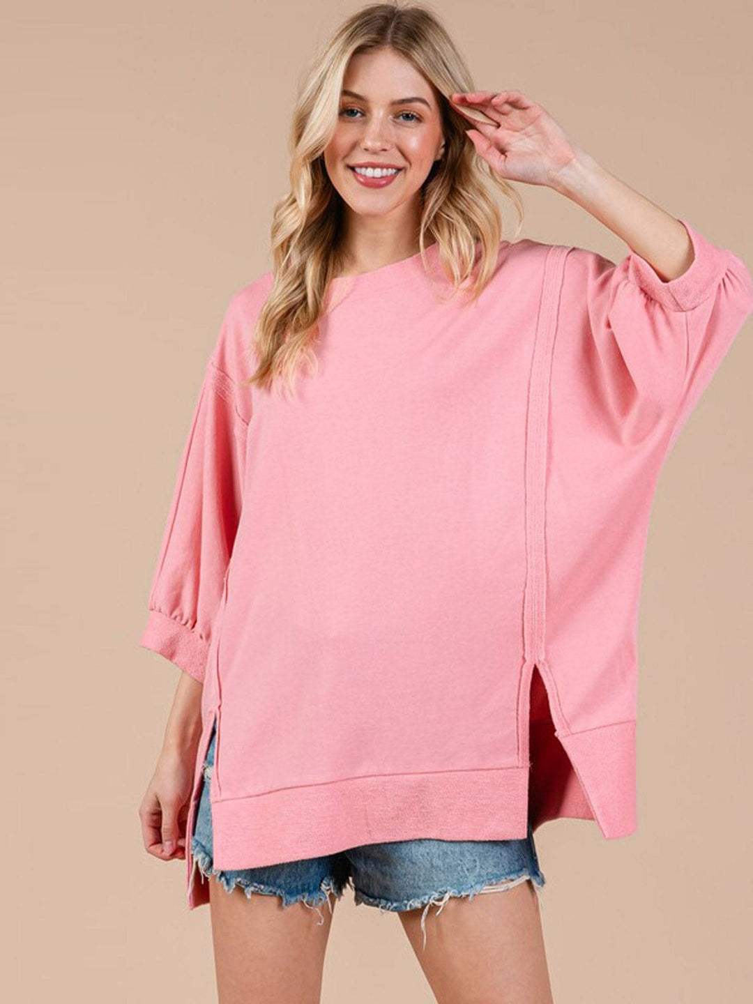 WOMEN'S SHORT SLEEVE SIDE SLIT OVERSIZED TOP