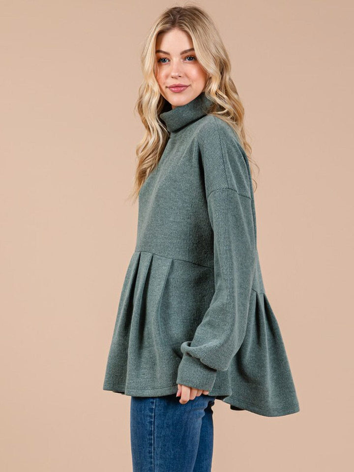 WOMEN'S LONG SLEEVE TURTLE NECK PEPLUM BLOUSE