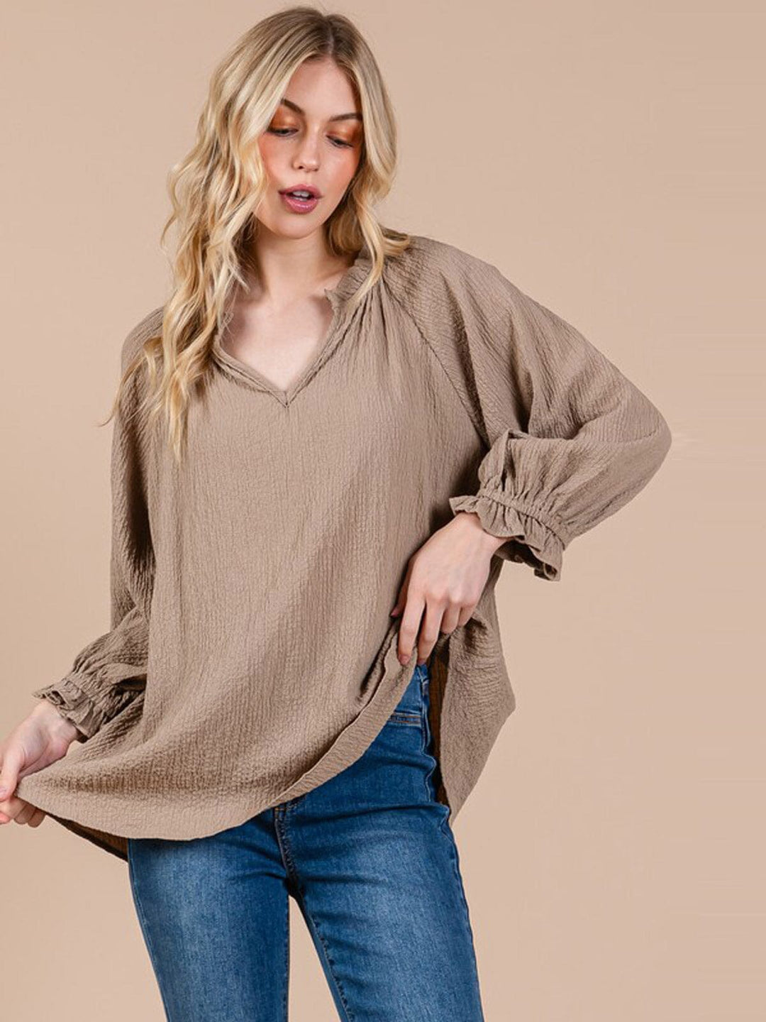 WOMEN'S LONG SLEEVE V-NECK TUNIC BLOUSE