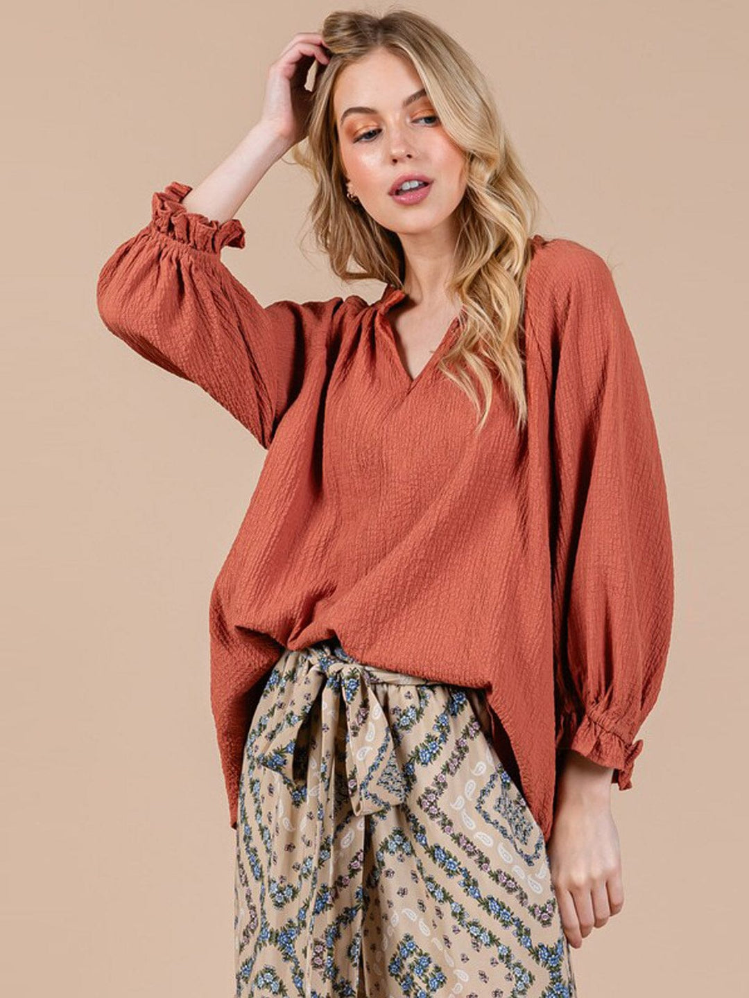 WOMEN'S LONG SLEEVE V-NECK TUNIC BLOUSE