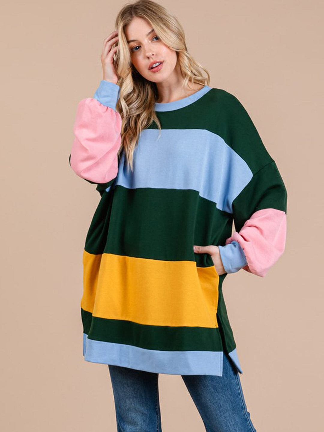 WOMEN'S LONG SLEEVE FRONT POCKETS COLORBLOCK OVERSIZED TOP