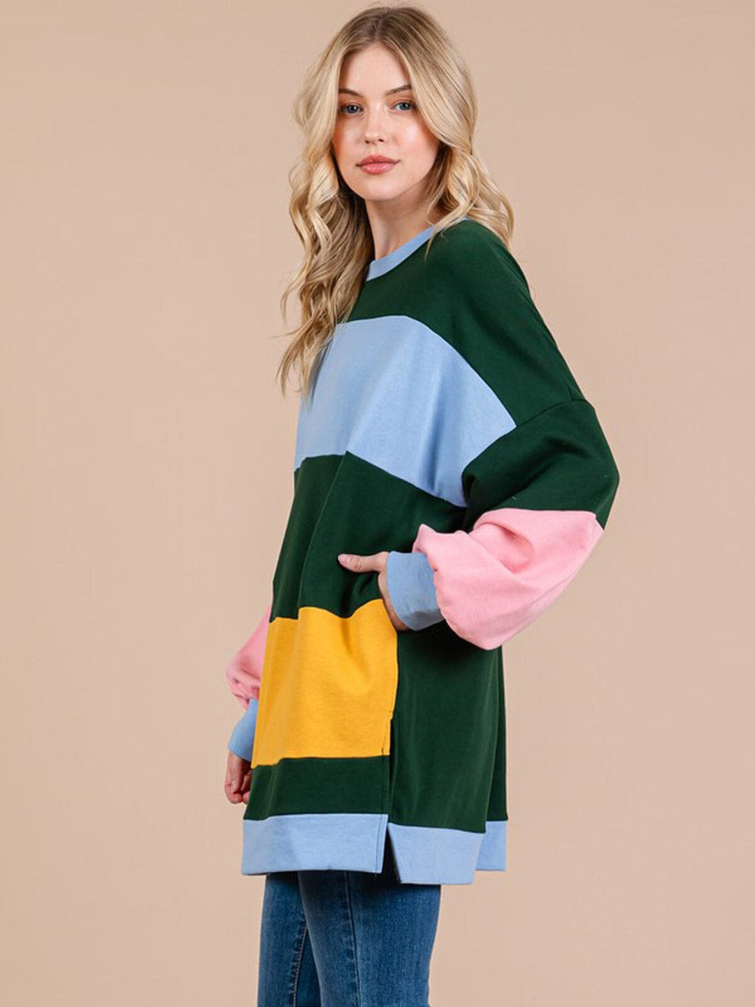 WOMEN'S LONG SLEEVE FRONT POCKETS COLORBLOCK OVERSIZED TOP