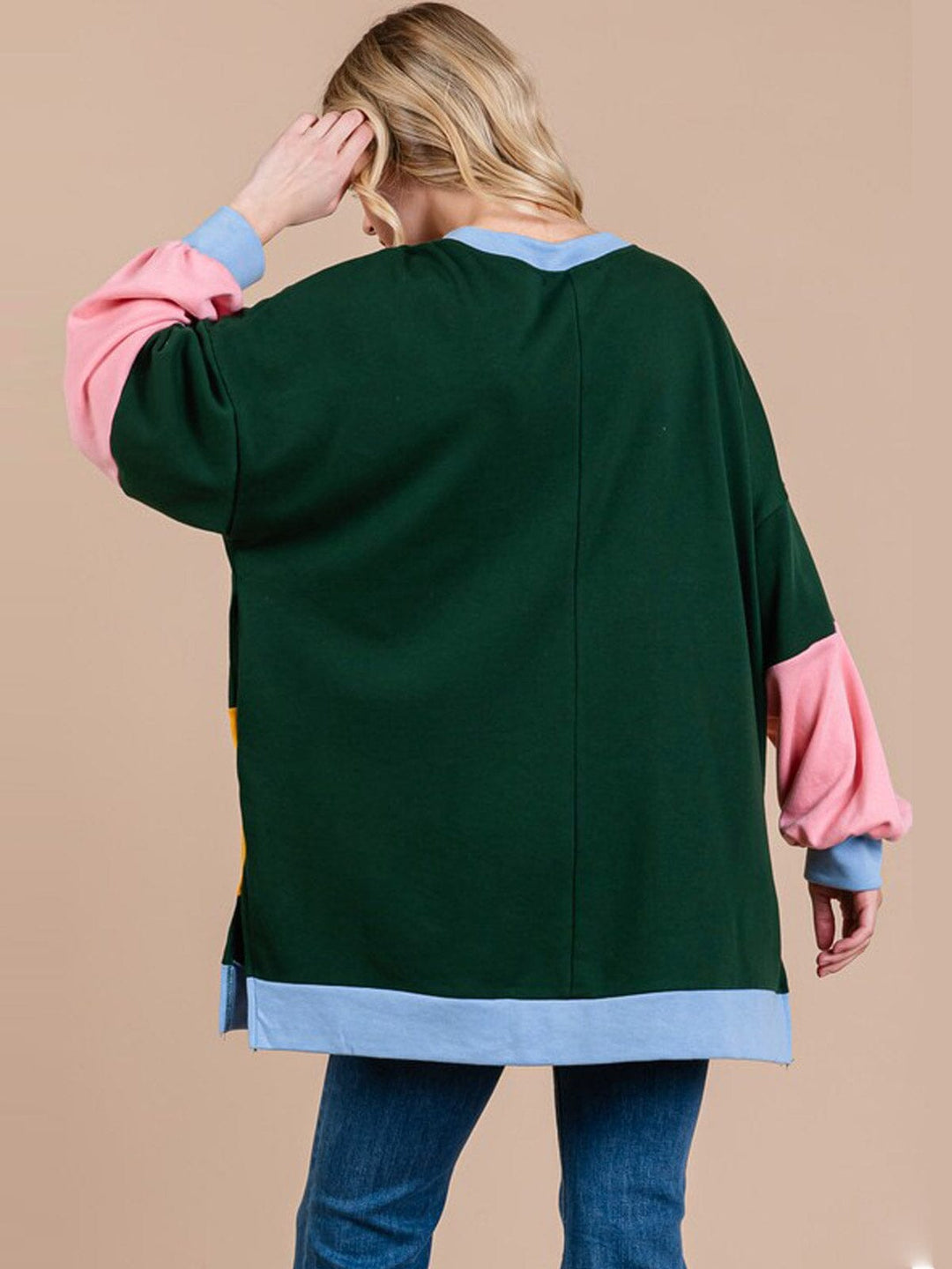 WOMEN'S LONG SLEEVE FRONT POCKETS COLORBLOCK OVERSIZED TOP