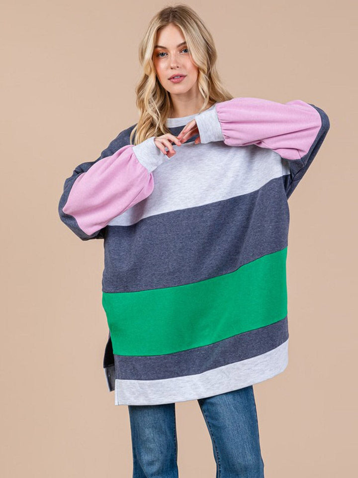 WOMEN'S LONG SLEEVE FRONT POCKETS COLORBLOCK OVERSIZED TOP