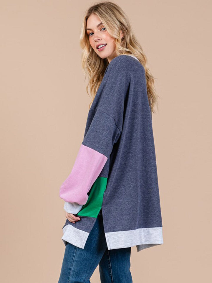 WOMEN'S LONG SLEEVE FRONT POCKETS COLORBLOCK OVERSIZED TOP