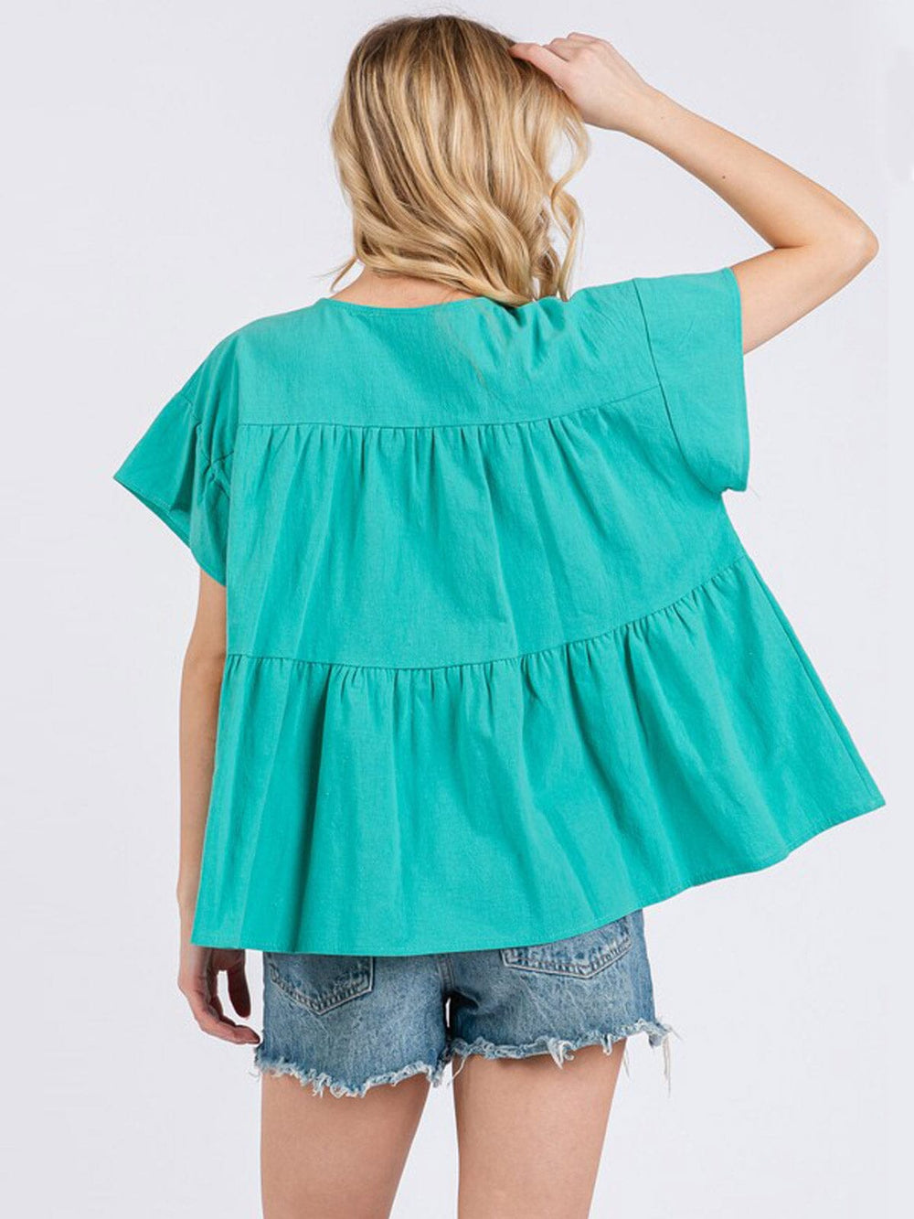 WOMEN'S SHORT RUFFLE SLEEVE TIERED BOWS DETAILED TUNIC BLOUSE