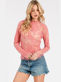 WOMEN'S LONG SLEEVE MOCK NECK FLORAL MESH TOP
