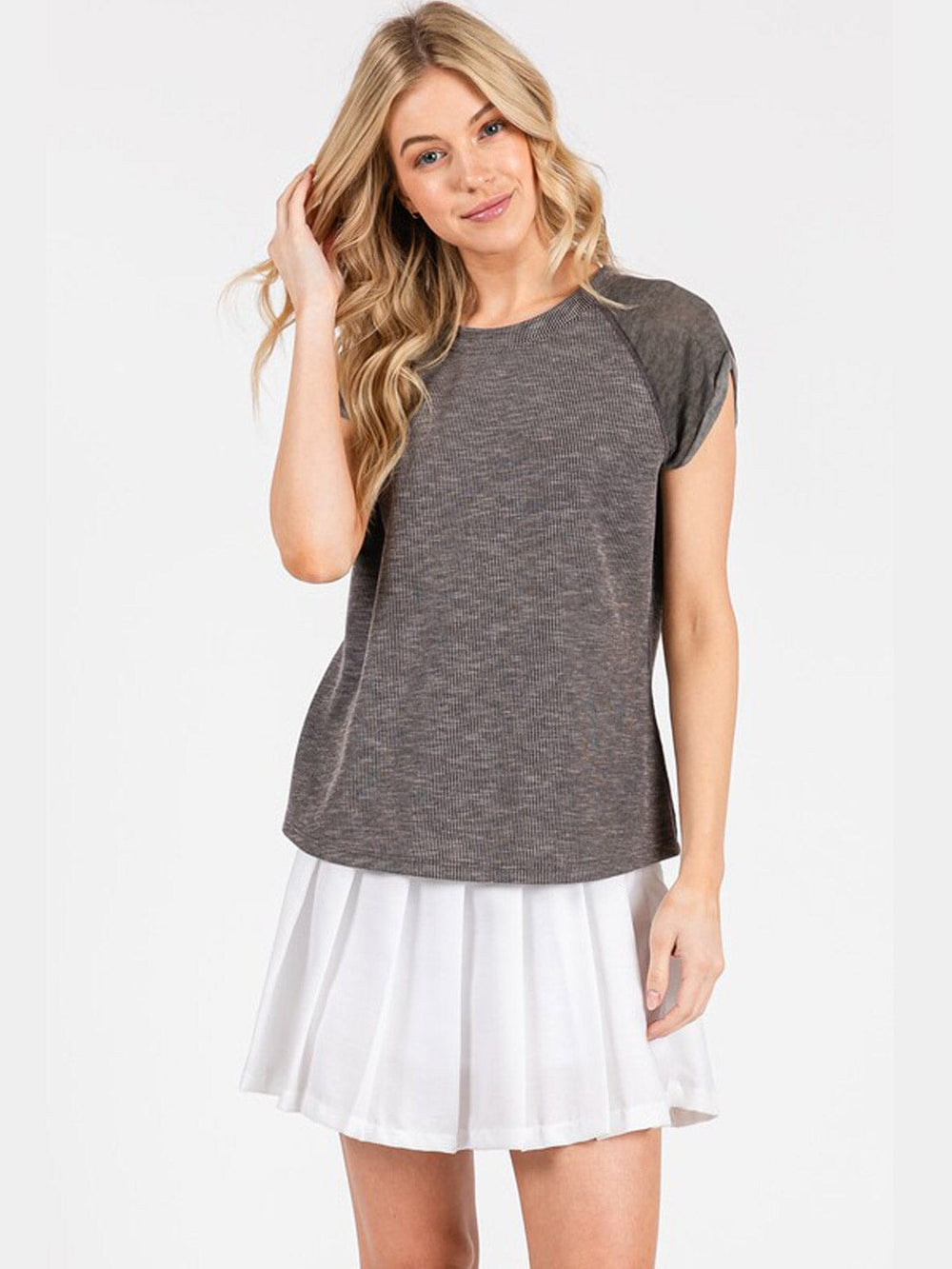 WOMEN'S SHORT SLEEVE RIBBED CONTRAST TOP