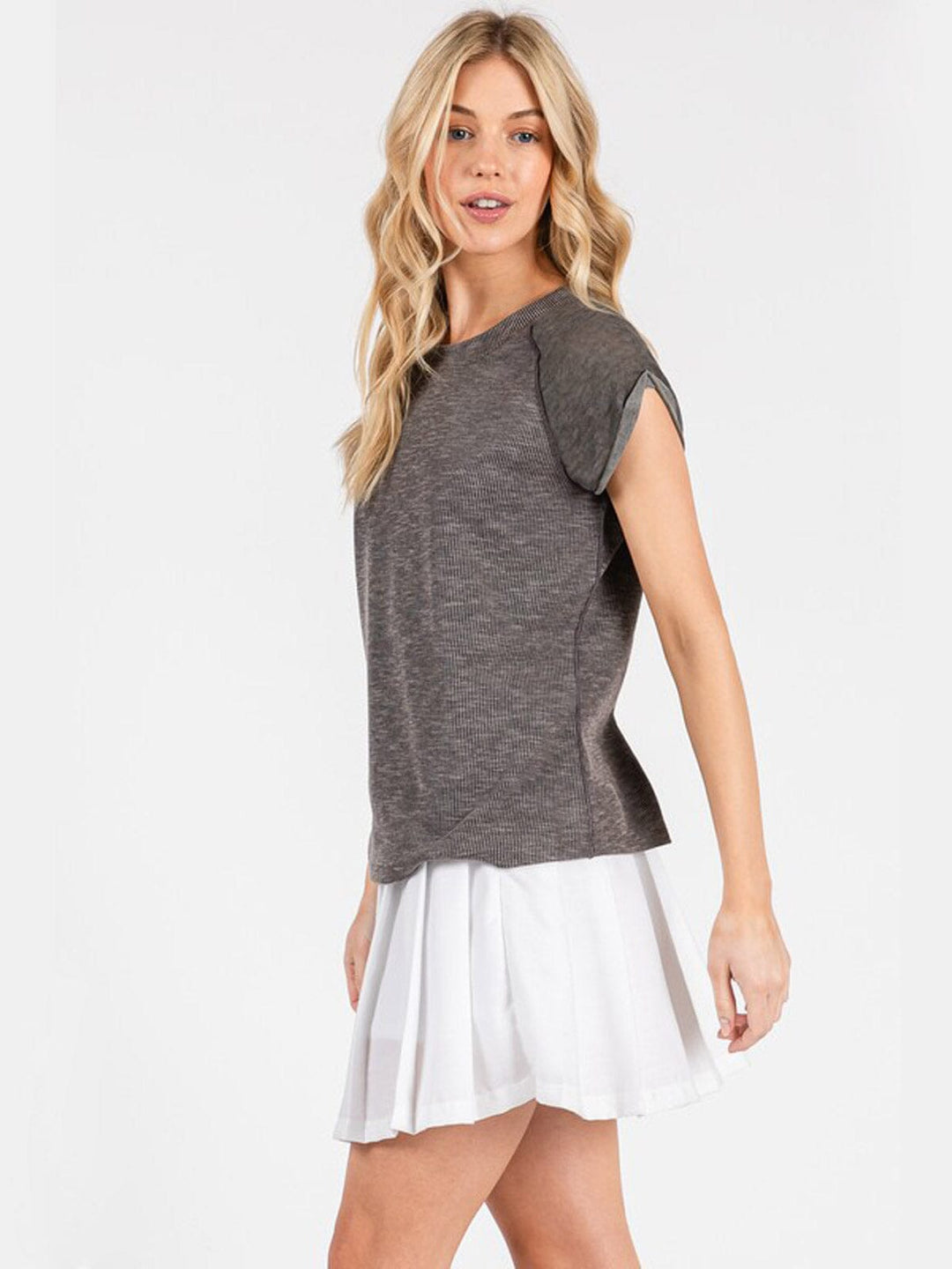 WOMEN'S SHORT SLEEVE RIBBED CONTRAST TOP
