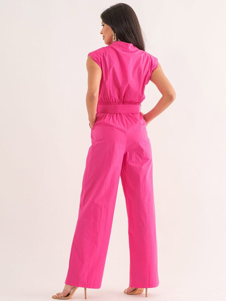 WOMEN'S PADDED SHOULDER BUTTON UP POCKETS BELTED JUMPSUIT