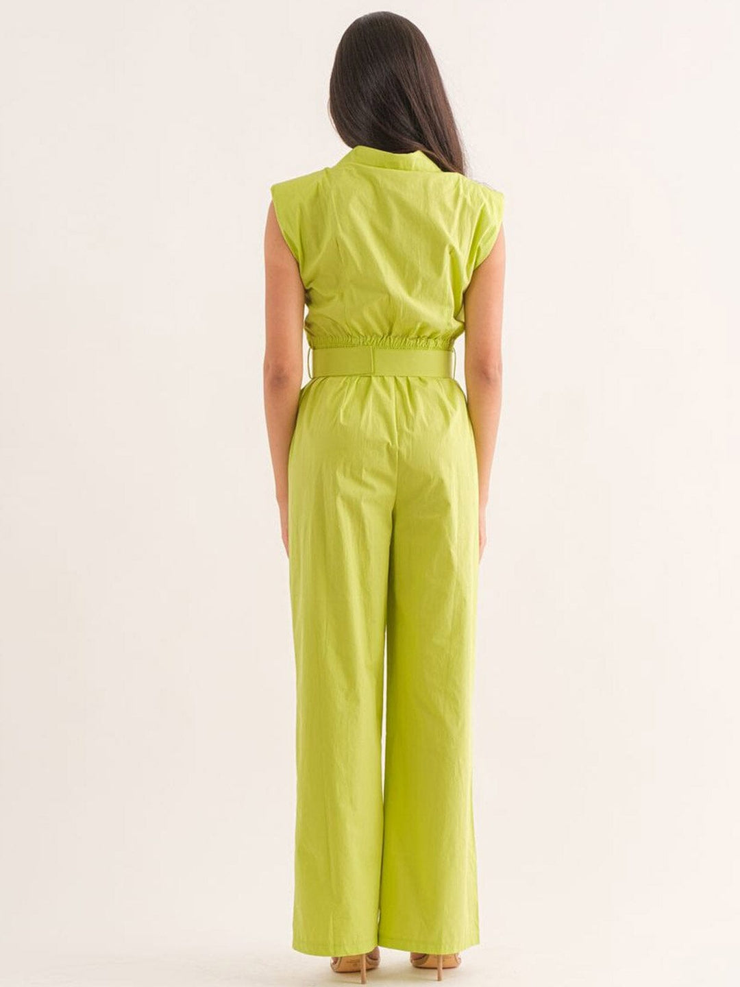 WOMEN'S PADDED SHOULDER BUTTON UP POCKETS BELTED JUMPSUIT
