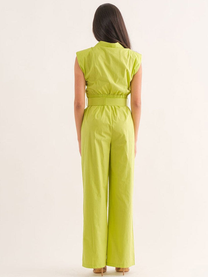 WOMEN'S PADDED SHOULDER BUTTON UP POCKETS BELTED JUMPSUIT