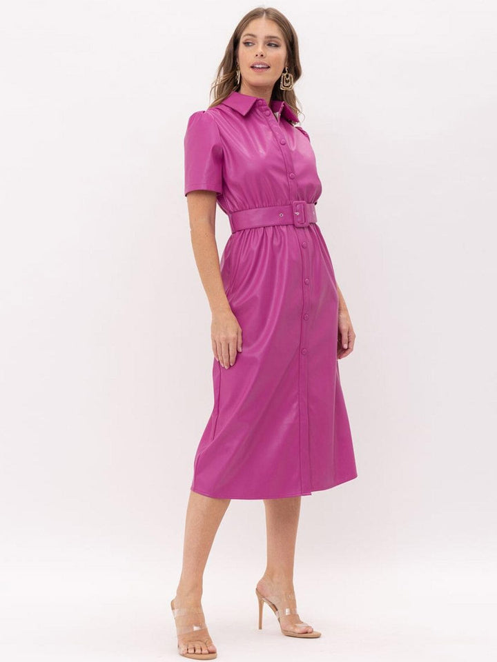 WOMEN'S SHORT SLEEVE BUTTON UP BELTED PU PLEATHER MIDI DRESS