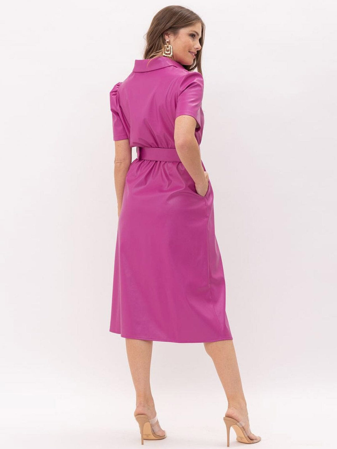 WOMEN'S SHORT SLEEVE BUTTON UP BELTED PU PLEATHER MIDI DRESS